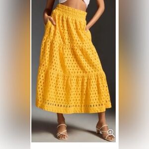 Anthropologie The Somerset Maxi Skirt Eyelet Eyelet Edition Lined Yellow Mango S